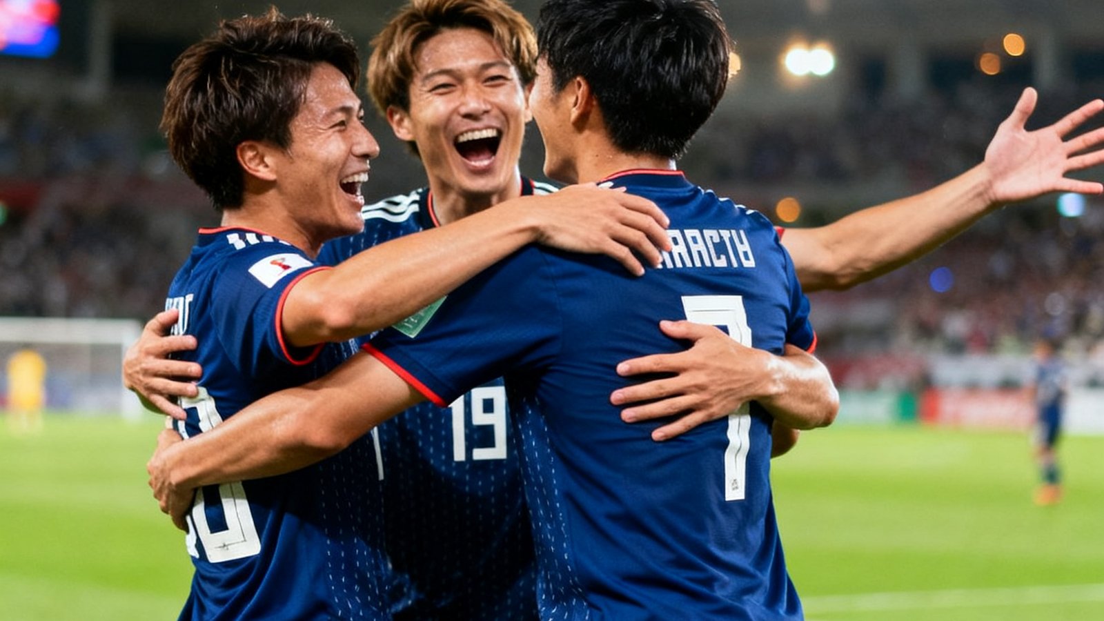 日本队球员在世界杯预选赛进球后围抱庆祝的瞬间抓拍