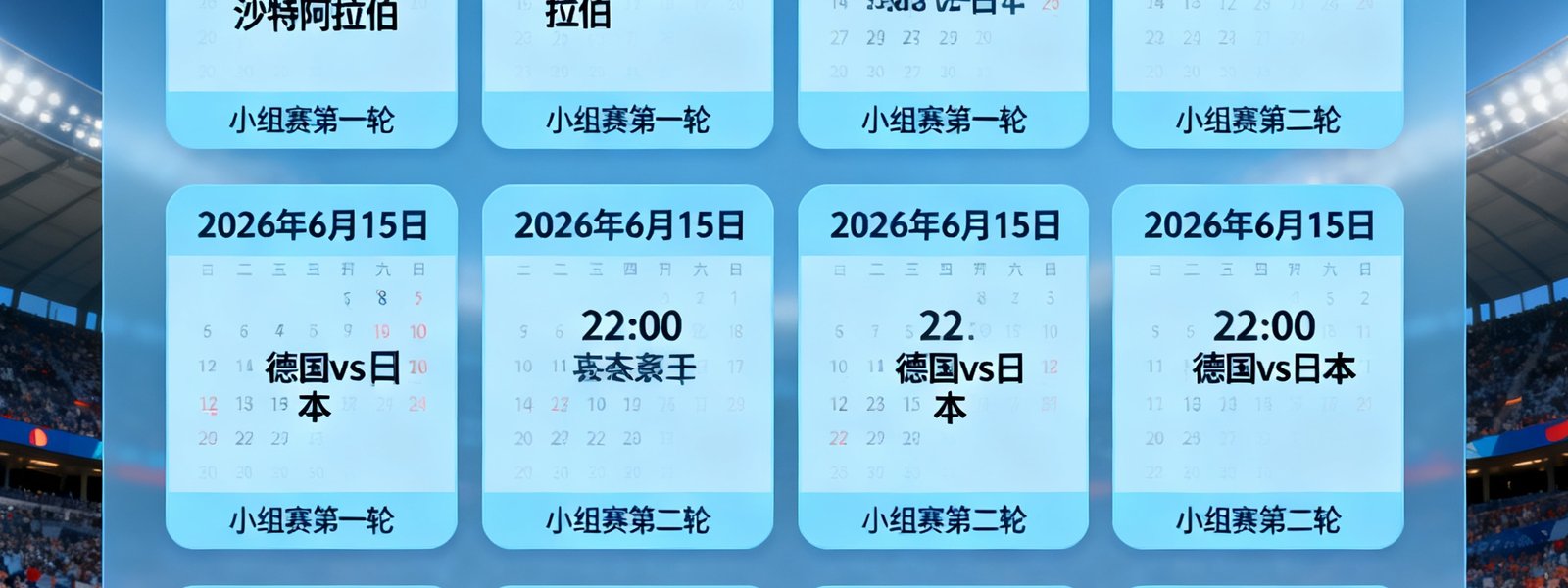 世界杯赛程日历界面按月视图展示，清晰标注每场比赛的时间和对阵双方球队名称